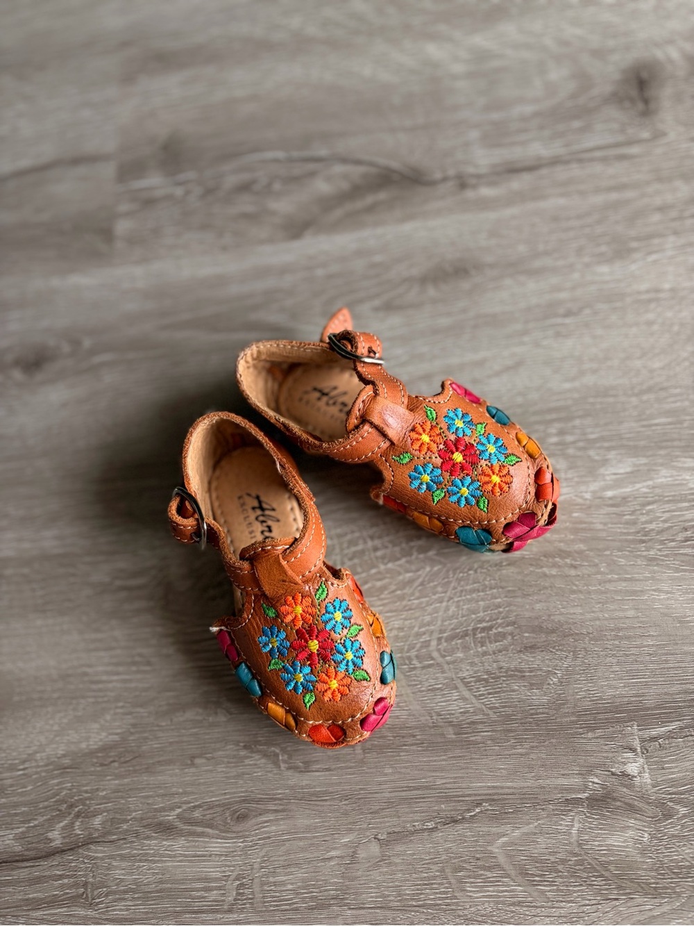 Abril Exclusivas Kids Mexican Leather Huarache Sandals Floral Embroidered